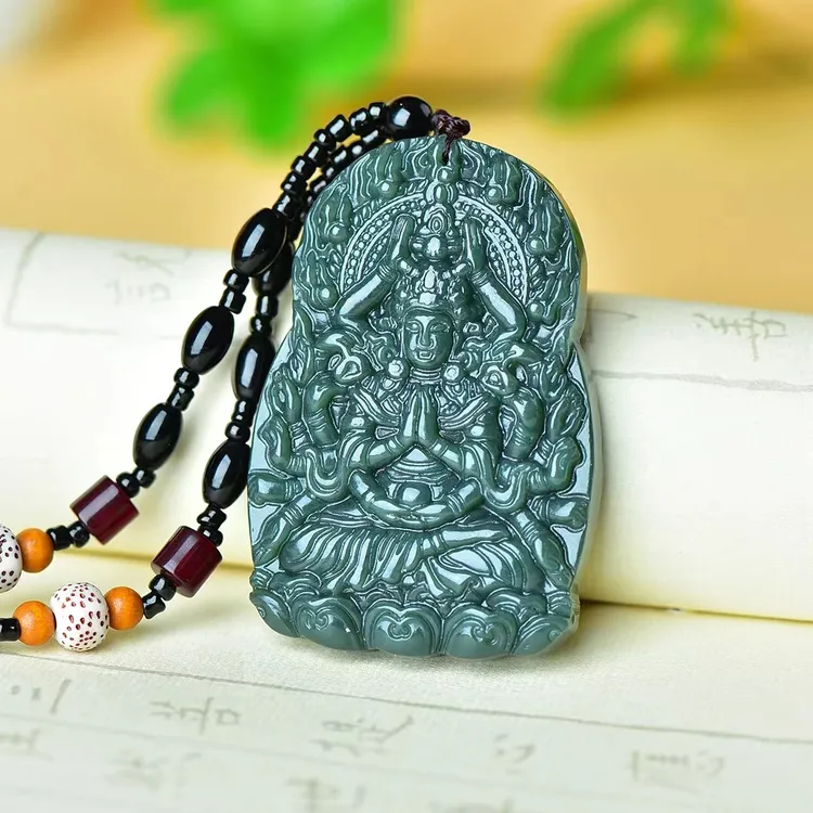 天然和田玉青玉千手观音挂件男女生肖鼠守护神黄财神精雕挂坠时尚