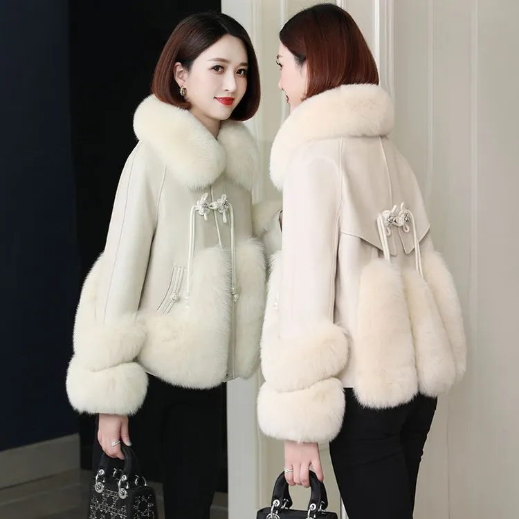 外套女2025冬季新款韩版时尚洋气PU皮仿狐狸毛中长款加厚海宁大衣
