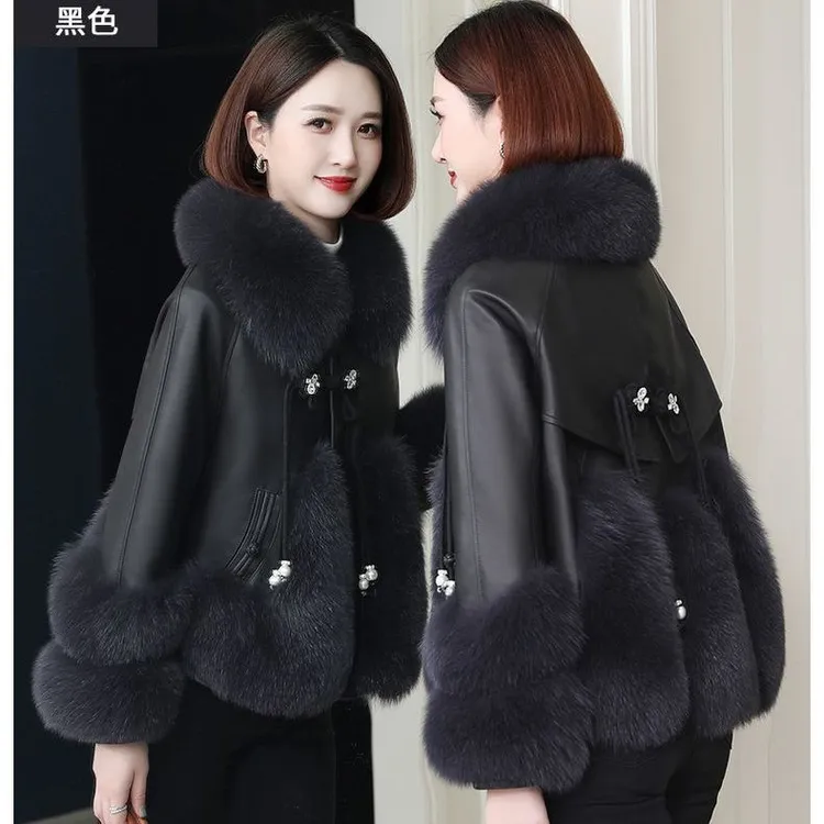 皮衣女外套百搭时尚短款真皮加厚保暖秋冬皮毛一体翻领气质女士