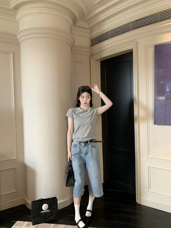 韩版百搭撞色休闲打底衫波点短袖显瘦气质T恤上衣