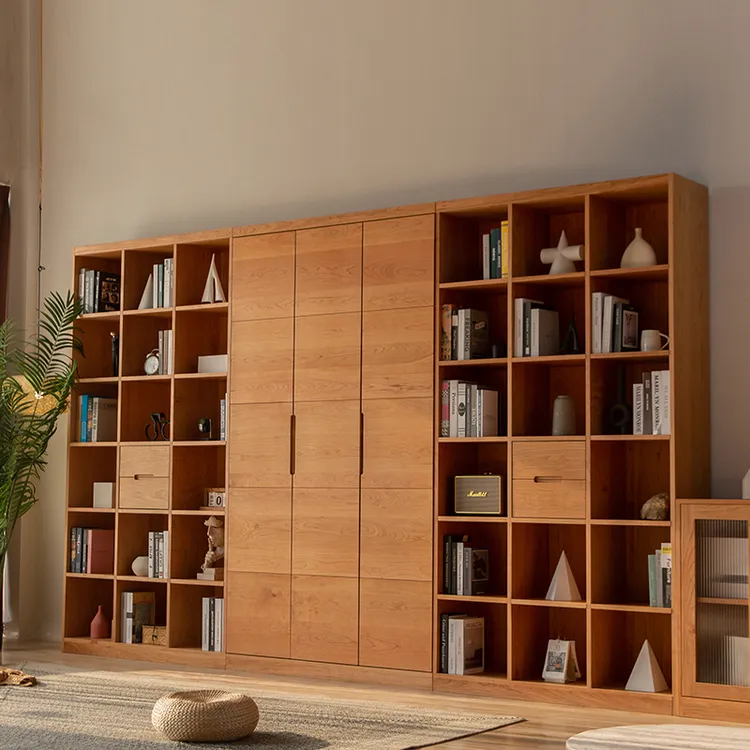 樱桃木实木书柜书架组合柜背景客厅家用落地储物展示柜定制家具