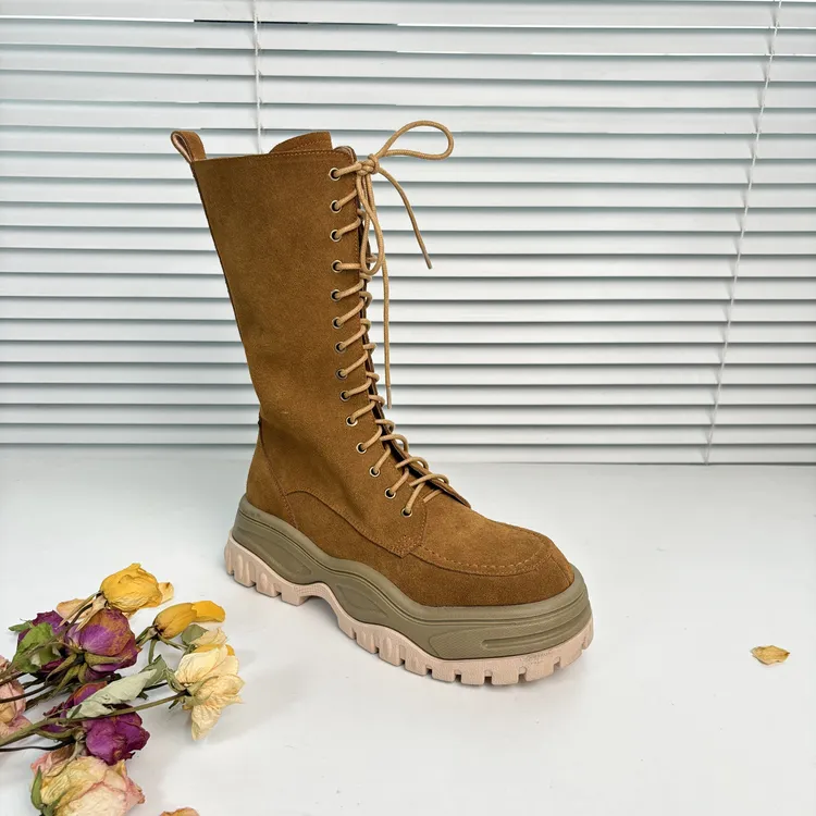 高筒靴新款真皮系带秋冬系带厚底防水台中筒西部靴马丁靴P308