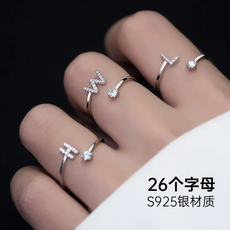 金美澳 925银合成锆石戒指 字母情侣饰品小众ins风活口银食指戒女