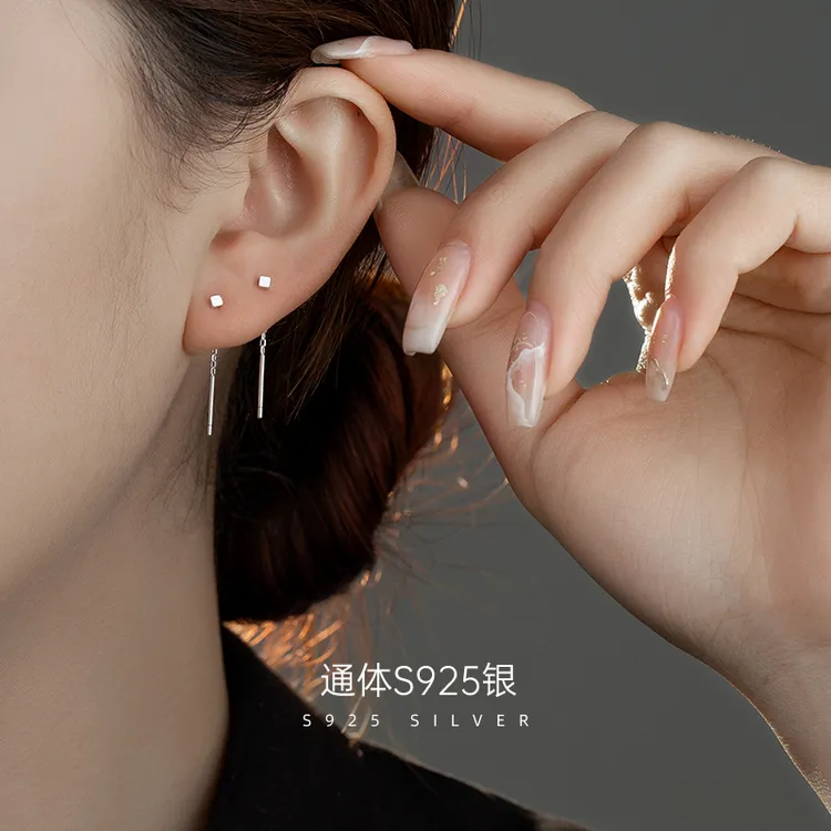 金美澳 925银耳饰 小方块耳线流苏气质女学生日常2025年新款银饰