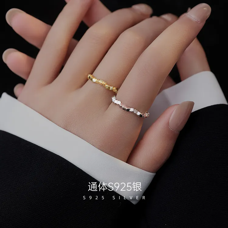金美澳 925银戒指 女生小众小方块时尚个性高级感开口银饰食指环