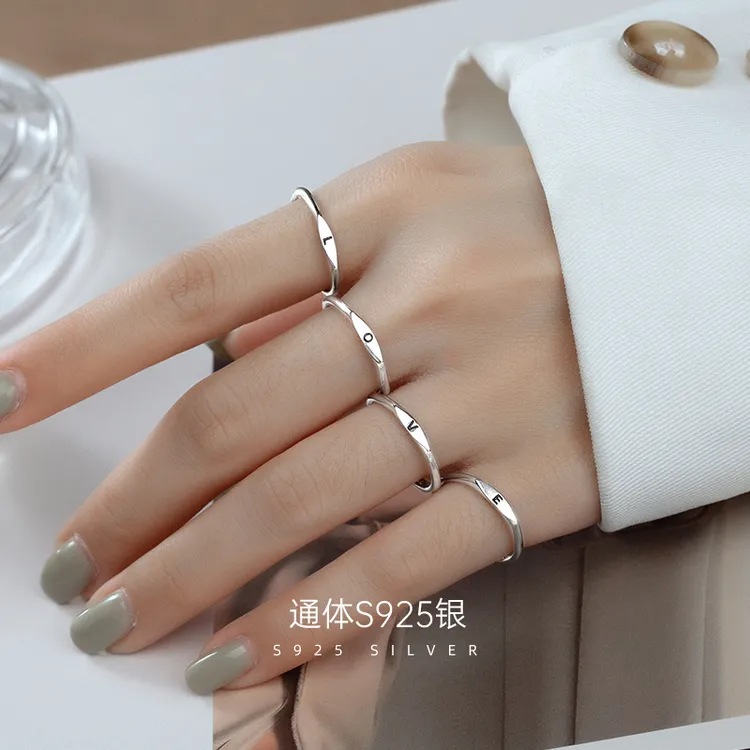 925银戒指 金美澳网红字母戒指情侣款女小众设计活口可调节指环