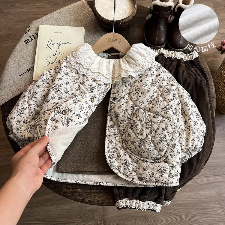 女童加绒外套秋冬款2024新款儿童冬装棉衣女宝宝碎花棉服冬季加厚