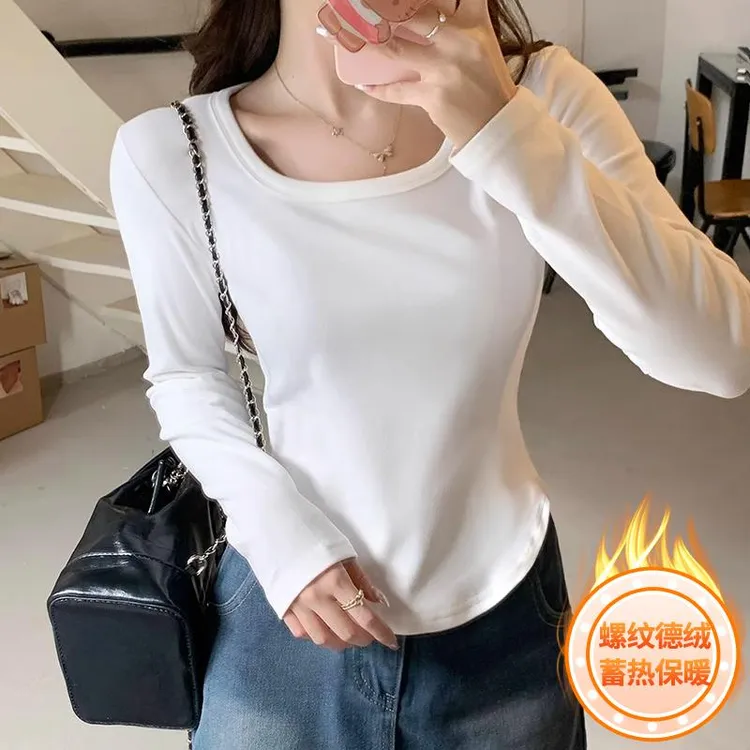 德绒方领长袖t恤女秋冬内搭短款打底衫辣妹修身显瘦短款上衣ins