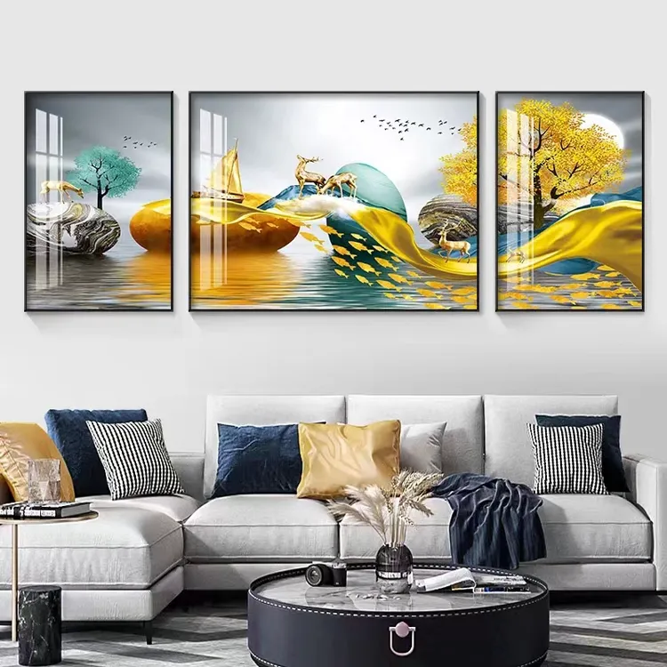 客厅背景墙挂画现代轻奢铝合金框立体艺术晶瓷镶钻手工三联装饰画