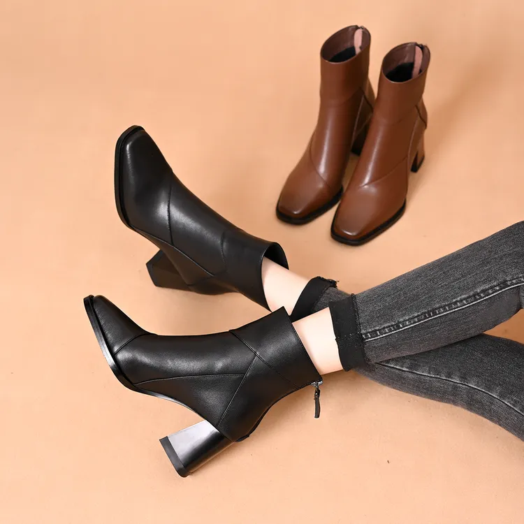 高跟方头短靴女后拉链瘦瘦靴百搭粗跟短筒踝靴加绒高跟时装靴