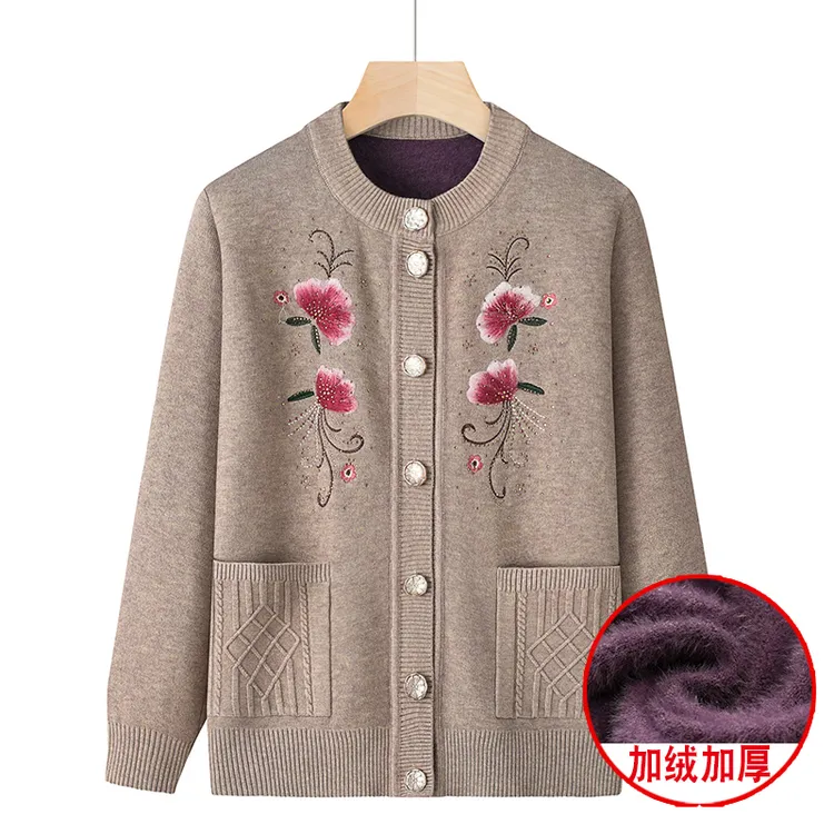 老年人加绒保暖针织毛衣女妈妈加厚毛衣老太太开衫奶奶装冬装衣服