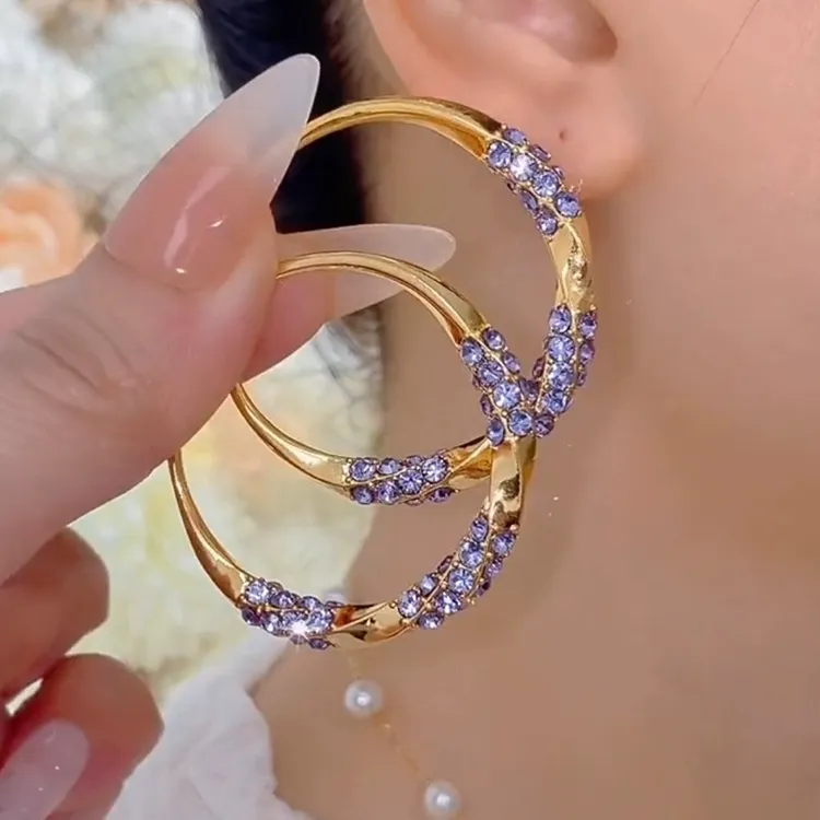 铜合金耳饰 新款潮气质镶钻紫色圈圈法式复古大气时尚耳圈精致