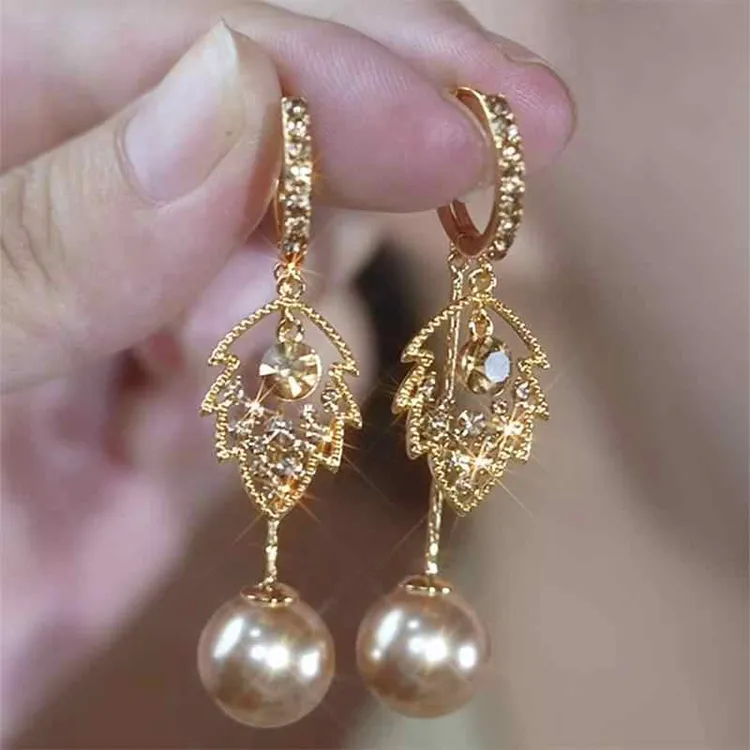 锌合金耳饰 法式轻奢高级感咖色满钻树叶耳环女小众设计耳扣气质