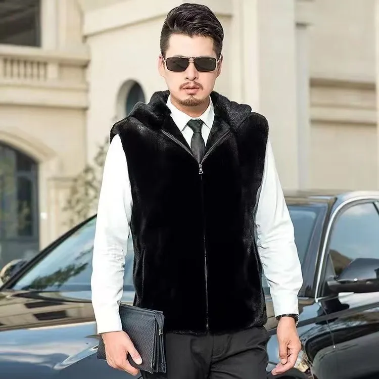 男款修身版欧貂绒马甲带帽拉链新款防水貂马甲