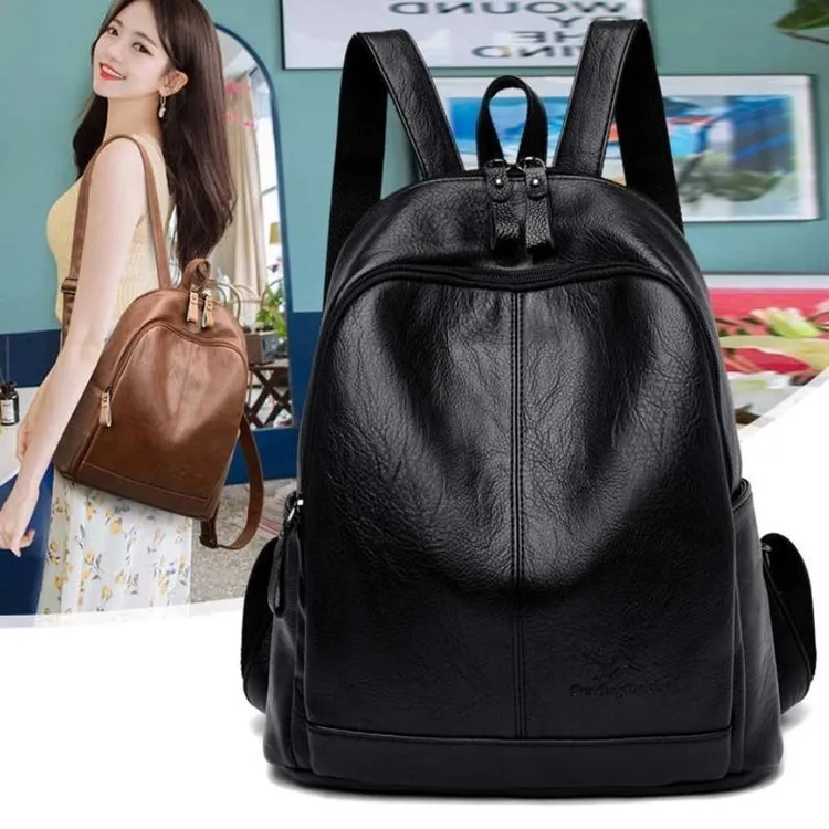 真皮质感女士双肩包高档新款韩版宝妈百搭大容量时尚纯色软皮背包