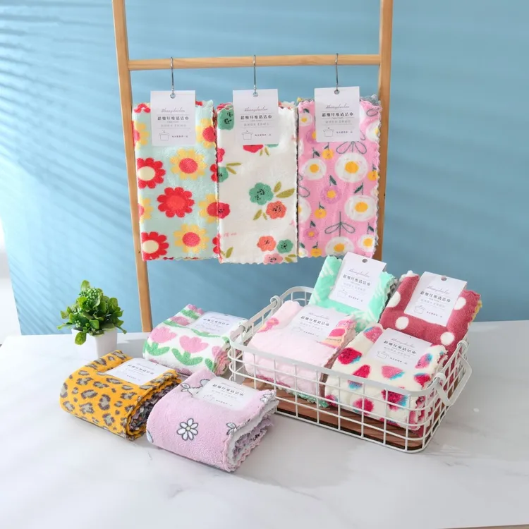 荞芬【居家好物】珊瑚绒印花方巾厨房抹布擦手巾可爱柔软小毛巾吸