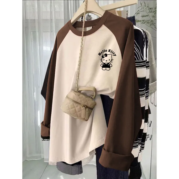 早秋穿搭纯棉长袖t恤女装ins宽松百搭秋季新款撞色设计感显瘦上衣