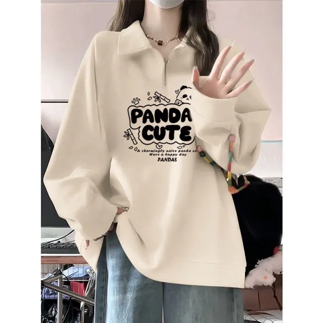 秋冬季加绒加厚半拉链设计感套头卫衣女装宽松百搭polo领外套上衣