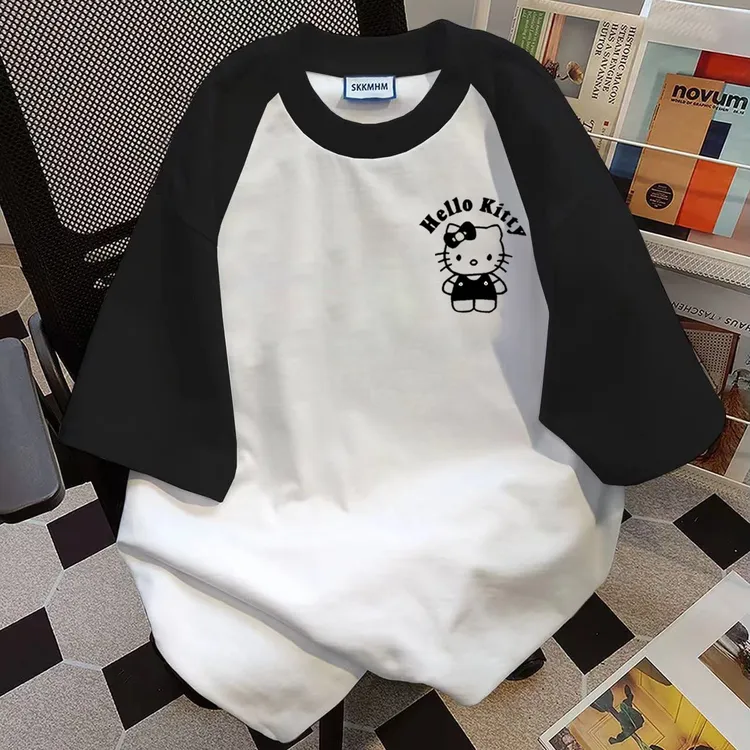 美式正肩纯棉插肩袖女装t恤宽松百搭oversize设计感拼接上衣ins潮