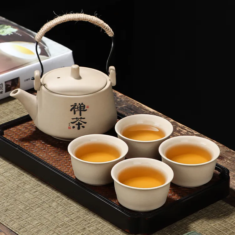 闲秋粗陶禅茶提梁壶一壶四杯小套装家用功夫茶具套装简约复古中式