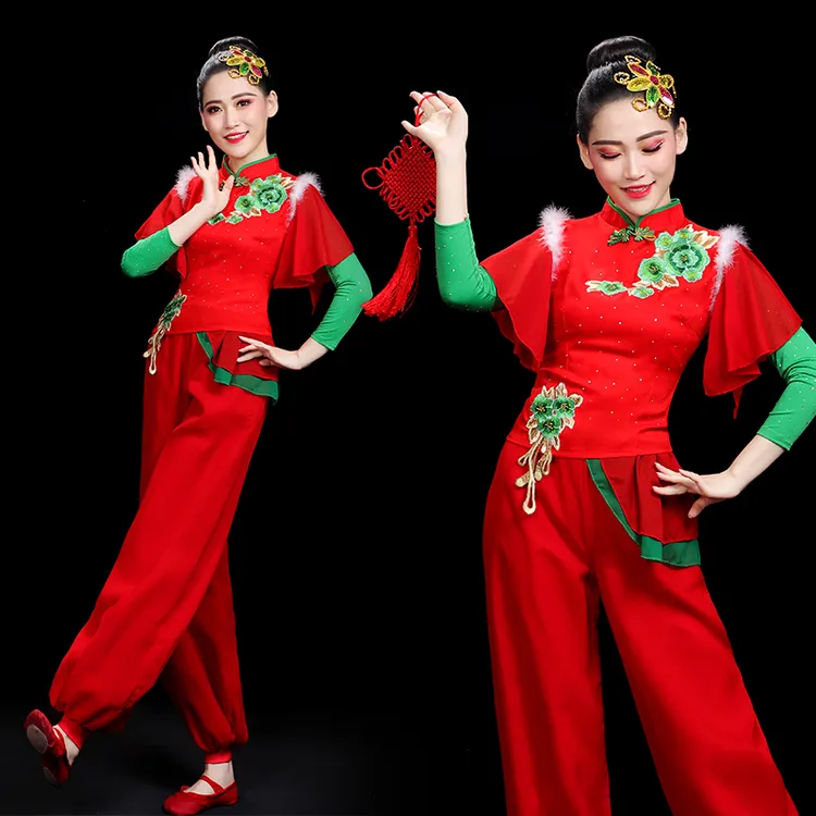 秧歌扇子舞套装古典舞演出服女广场打鼓服民族风喜庆腰鼓队舞蹈服