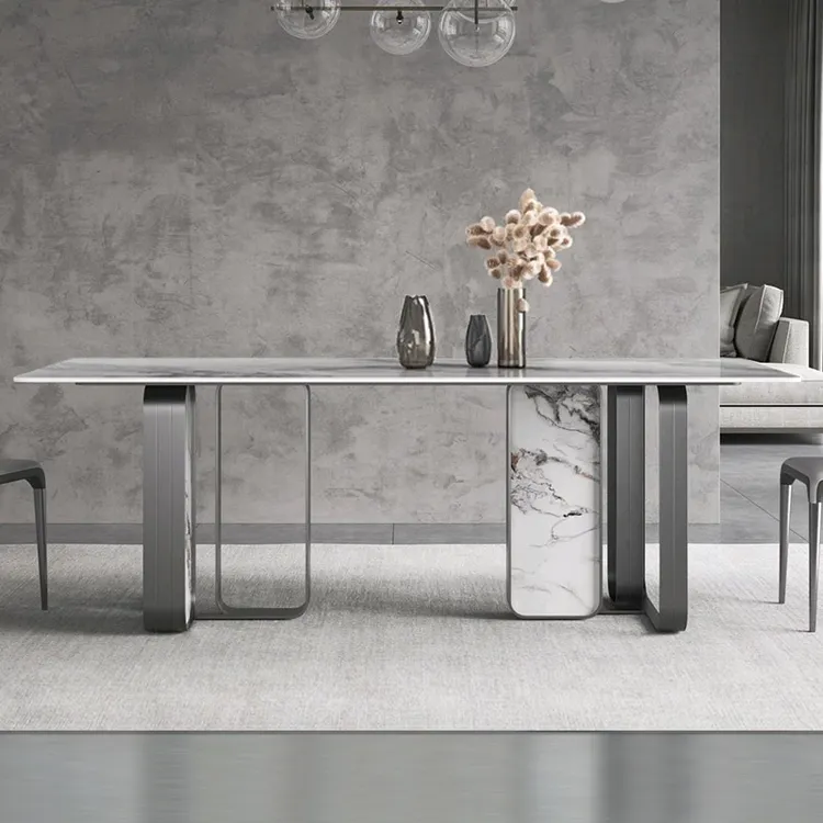 意式极简亮光岩板餐桌椅组合现代轻奢高端潘多拉奢石长方形吃饭桌
