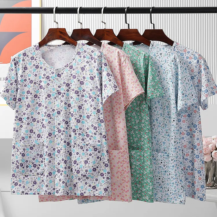 中老年女纯棉开衫半袖汗衫老人开襟全针织棉宽松对襟短袖开身上衣