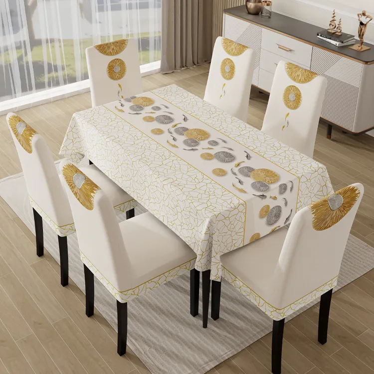 本知【套装】年年有鱼桌布防水防油防烫免洗轻奢长方形台布椅套