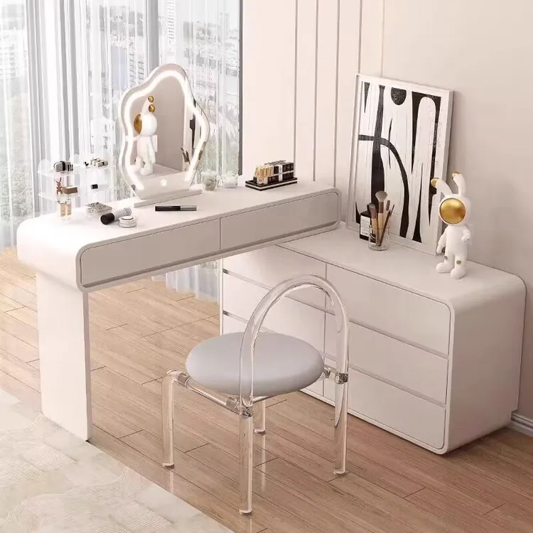 2024新款梳妆台斗柜一体化妆桌卧室转角书床尾收纳柜高级奶油实木