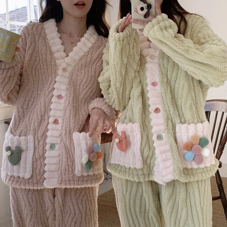 秋冬女学生睡衣长袖珊瑚绒多巴胺甜妹开衫甜美学生套装家居服