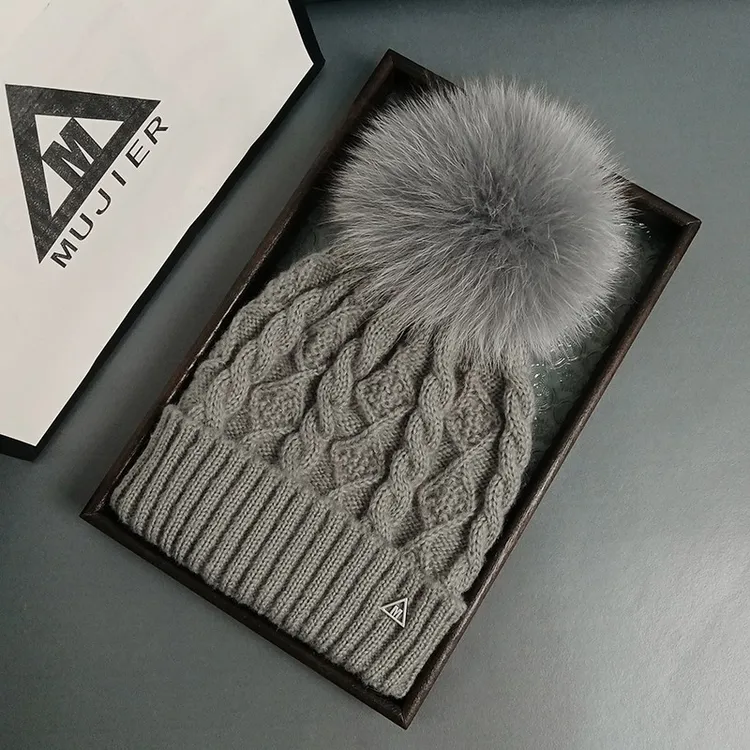 法国M标麻花纹狐狸毛球帽子女秋冬加绒保暖羊毛护耳针织毛线帽男