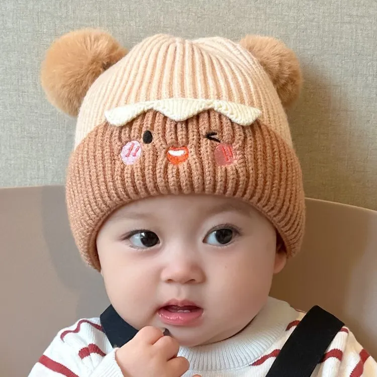 宝宝帽子秋冬季可爱毛球套头帽婴幼儿针织毛线加厚护耳男女超萌潮