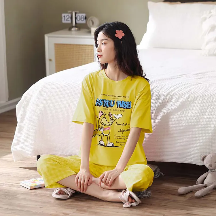 J026【工厂直销】女士棉氨圆领短袖七分裤套睡衣女春夏季短袖七分裤