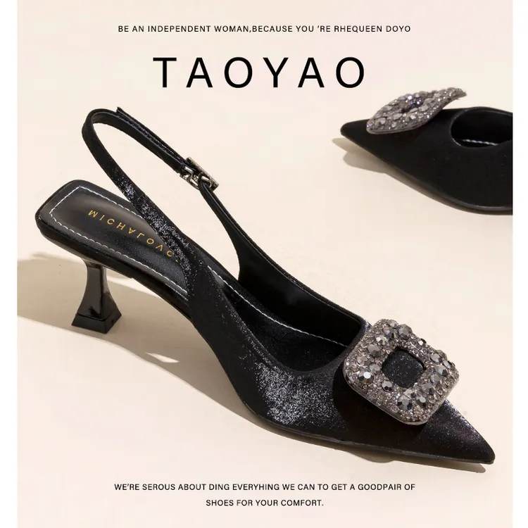 绸缎一字带包头凉鞋女高跟鞋夏季2024年新款气质性感后空单鞋细跟