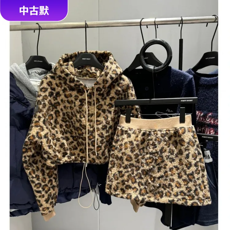 1韩版连帽豹纹抽绳连帽卫衣2024秋冬新款复古时尚运动风半简约款l