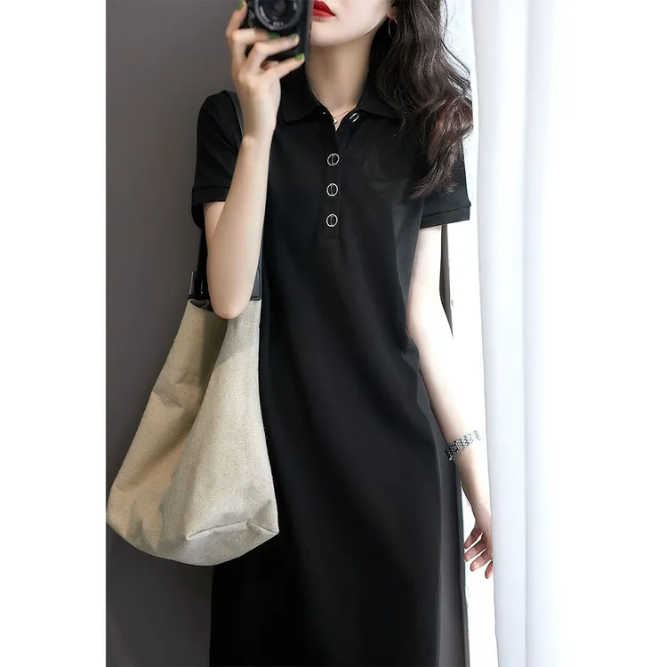 连衣裙新款韩版POLO领短袖运动风气质名媛显瘦收腰小黑裙简约款式