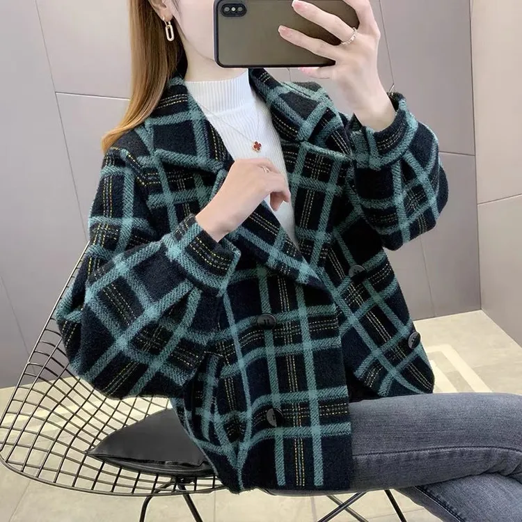 短款西装领格子外套女春秋2024新款宽松时尚百搭气质上衣简约款式
