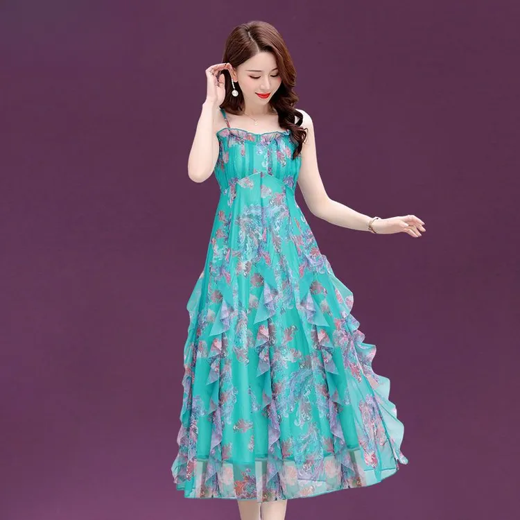 夏季高级感吊带裙2024新款微胖女士长裙上档次遮肚高档晚礼服裙子