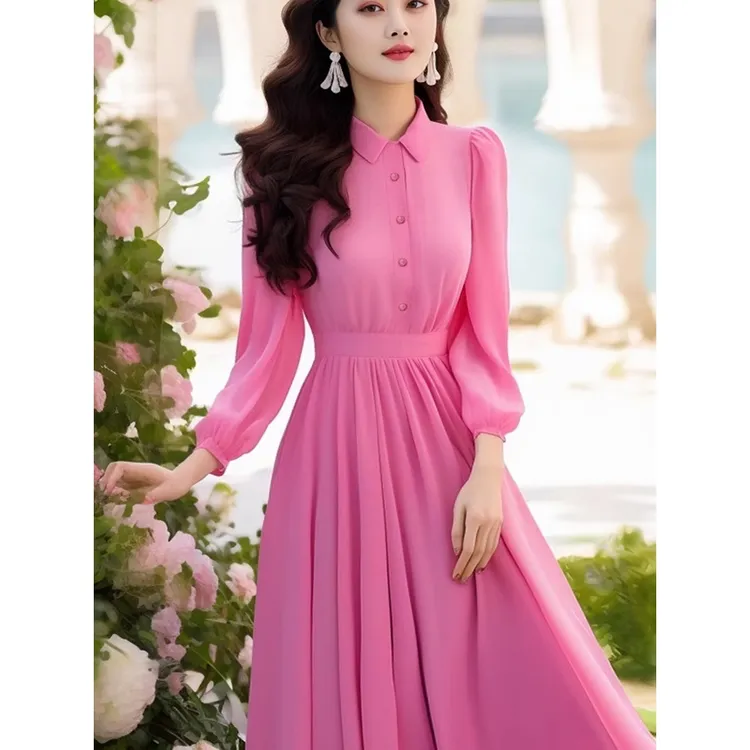 2024秋季精致淑女大摆裙翻领气质绝美海边感粉色长袖连衣裙子简约