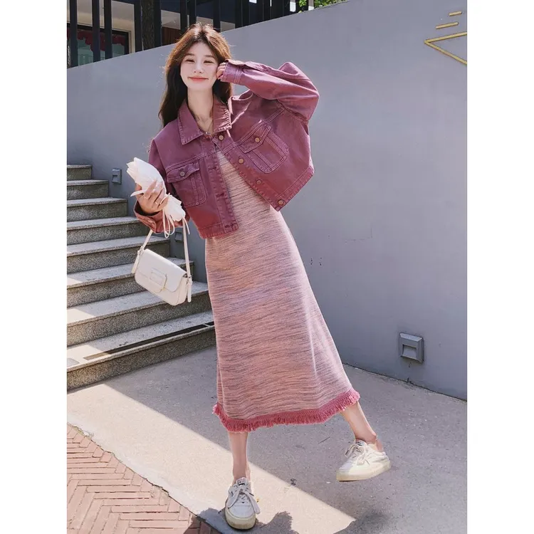韩系穿搭一整套牛仔外套吊带裙套装女秋2024新款连衣裙两简约款式