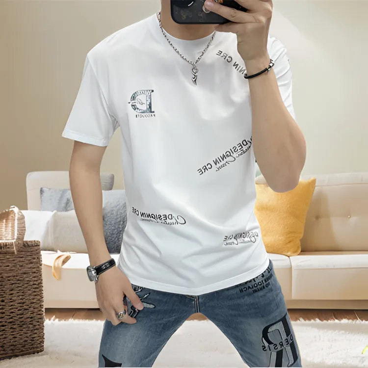 个性字母印花圆领短袖T恤男2024夏季新款男士丝光棉潮流套头打底t