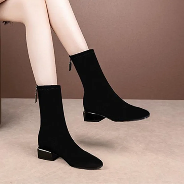 保暖秋冬黑色绒面粗跟中筒弹力靴平底瘦瘦靴百搭低跟加绒短靴女鞋