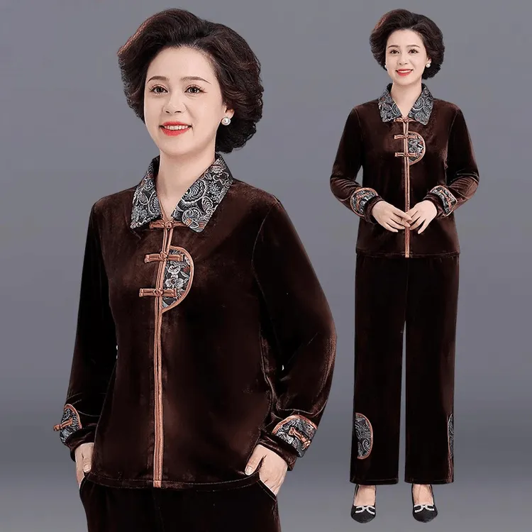 妈妈装秋季宽松金丝绒套装新款中年国风上衣中老年女士高档两件套