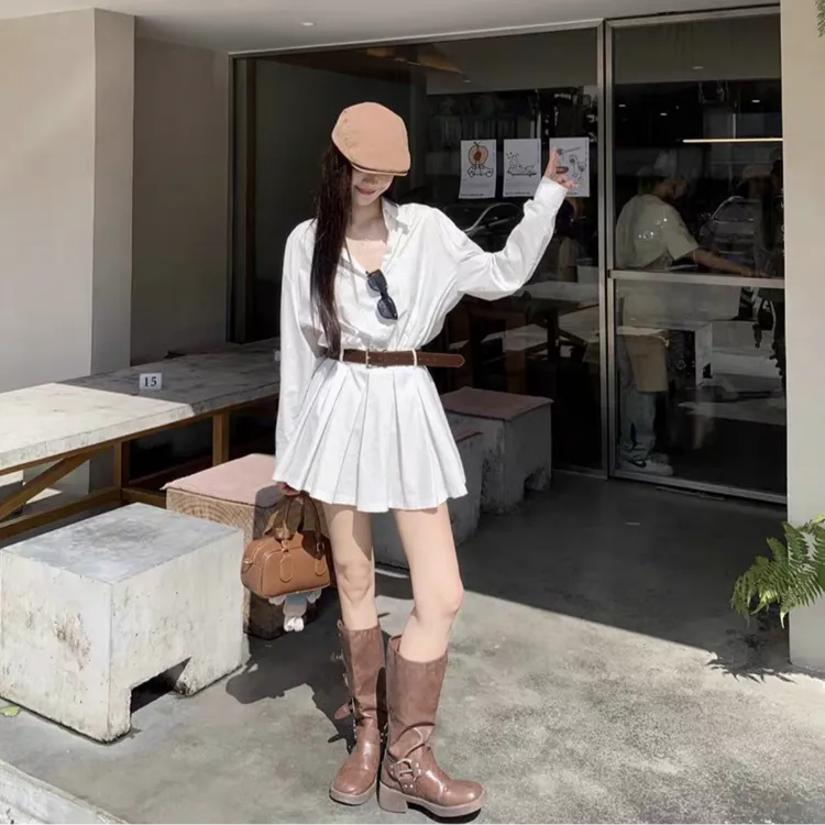 露思同款春秋新款学院风白色设计感收腰减龄长袖短裙衬衫连衣裙女
