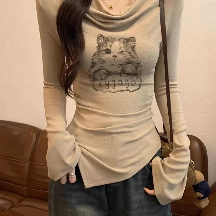 【现货秒发】荡领长袖t恤上衣女款秋冬美式chic小猫印花修身不规则