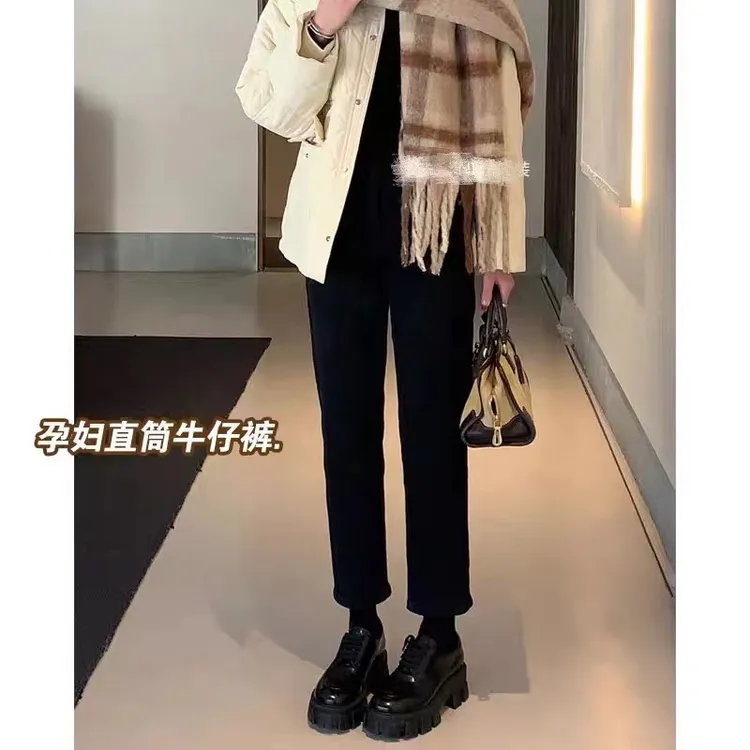 孕妇裤子秋冬外穿加绒加厚小直筒牛仔裤宽松显瘦小个子保暖烟管裤