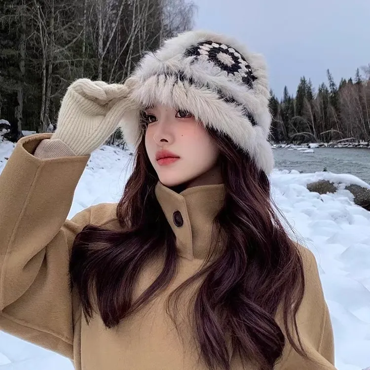 秋冬保暖渔夫虎头醒狮帽冬季毛茸茸针织帽保暖加厚显脸帽子女秋冬