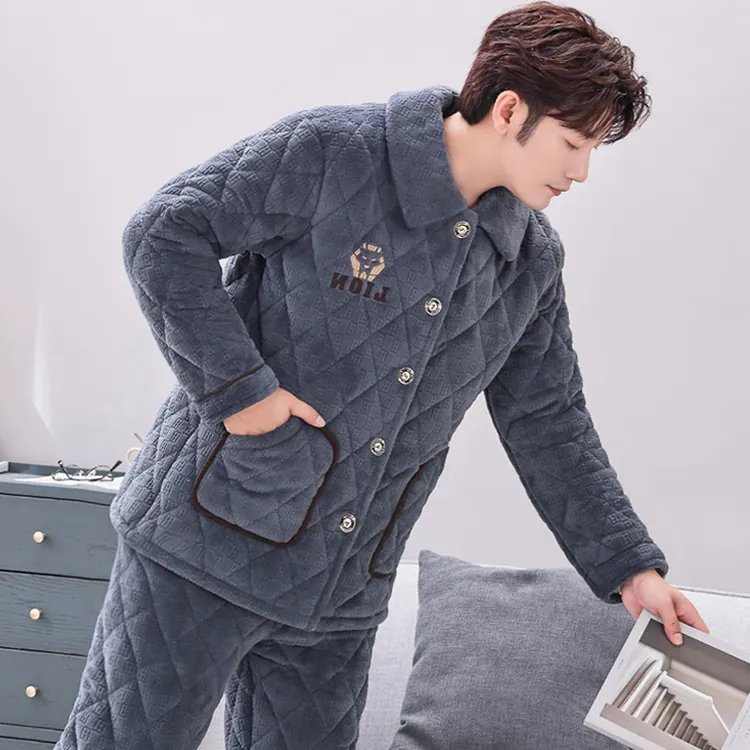 男士睡衣冬季加厚加绒三层夹棉珊瑚绒法兰绒秋冬款保暖家居服套装