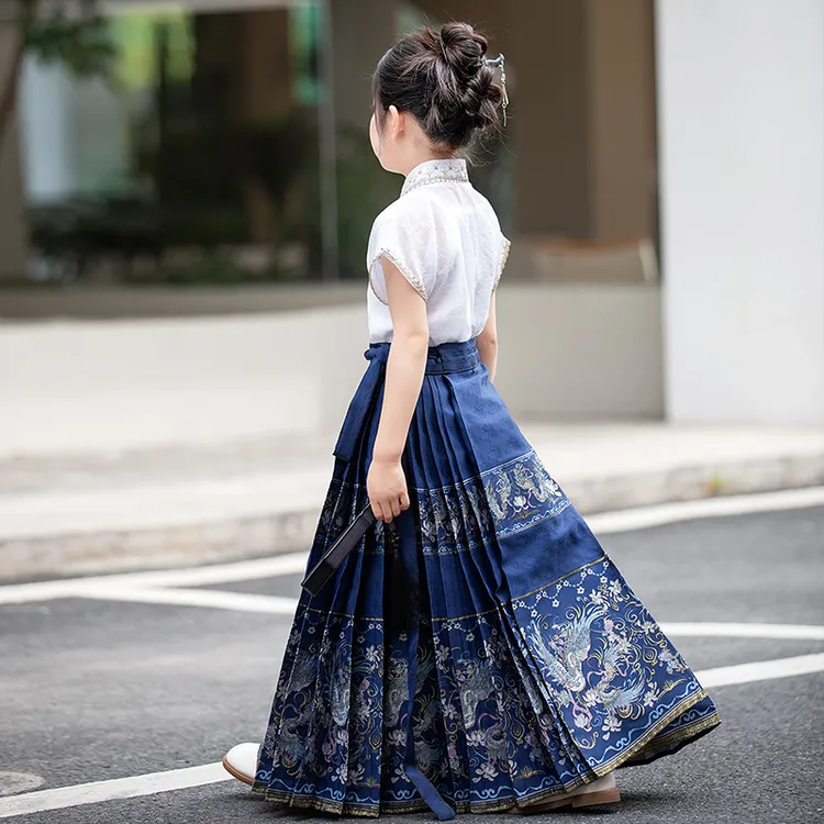 儿童马面裙夏季短袖女童半身裙中国风日常走秀褶皱连衣裙气质改良
