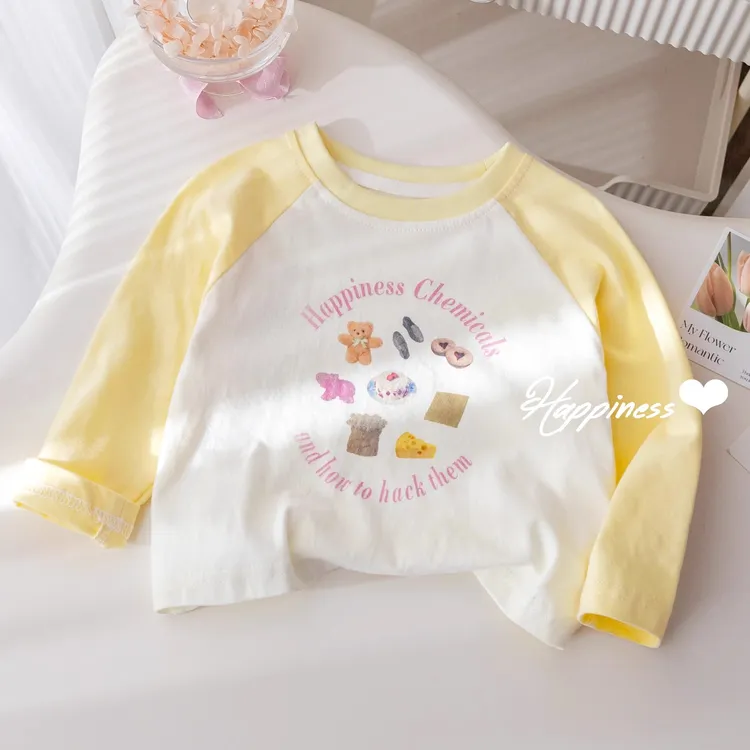 女童韩版卡通印花长袖T恤洋气拼接撞色打底衫女宝宝春秋新款上衣